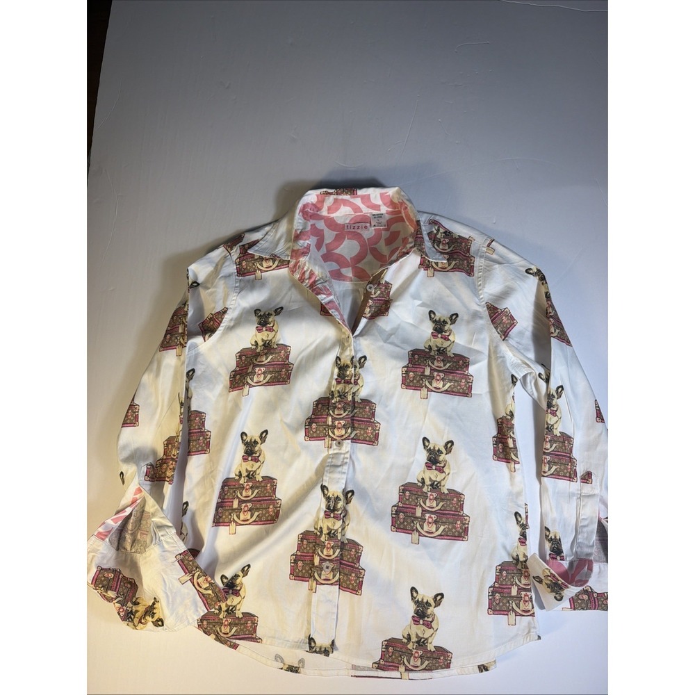Tizzie Women's Large French Bulldog Designer Inspired Button Front Shirt